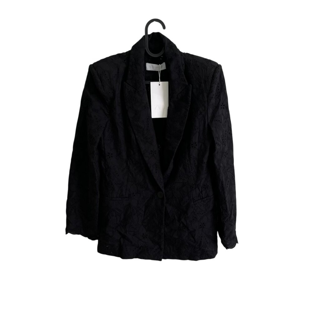 Zara Black Embroidered Eyelet Blazer Medium Organic Cotton Chic Elevated Basics - Picture 7 of 13